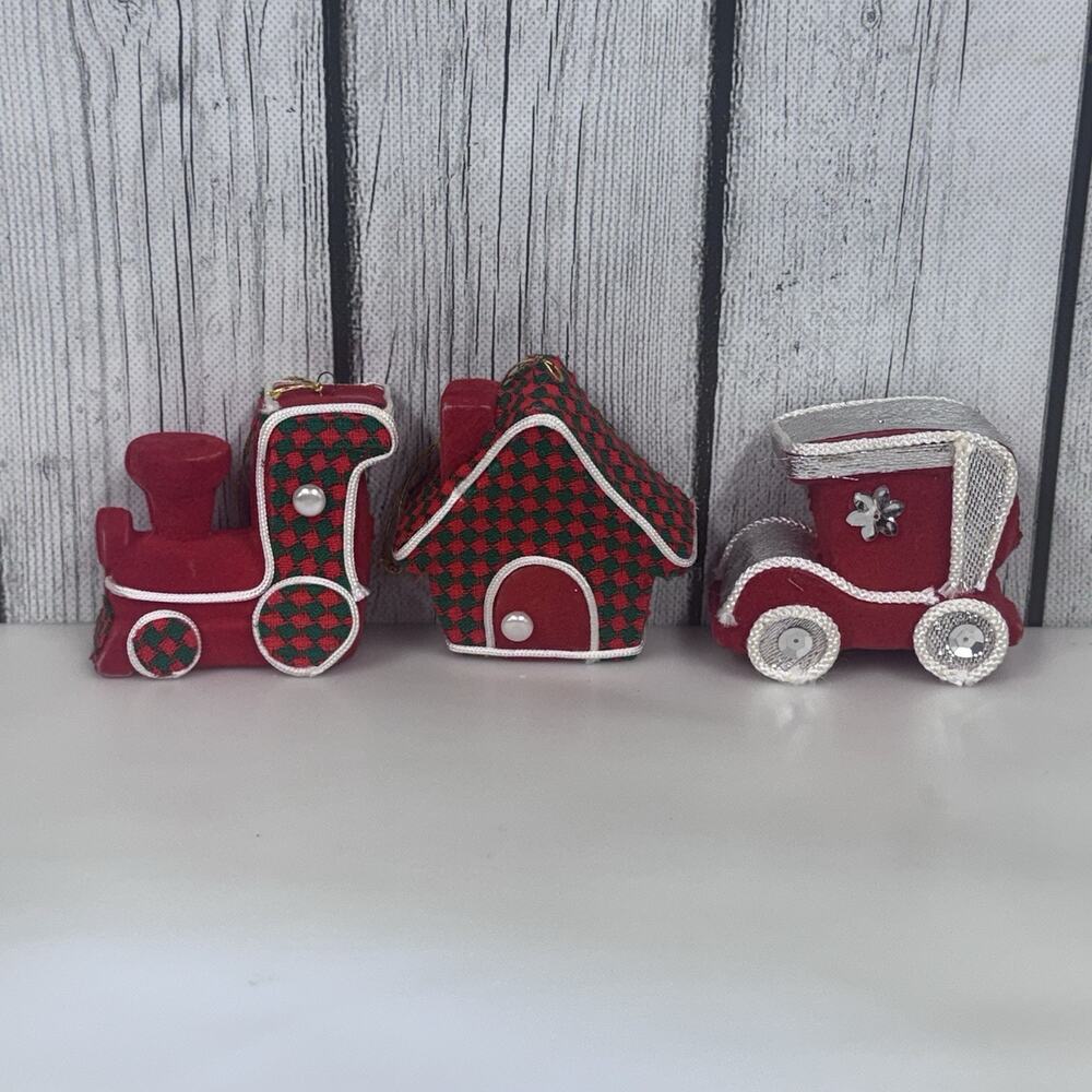 3 VTG 1960s Christmas Plastic Flocked Ornaments House Train Car Japan - Read